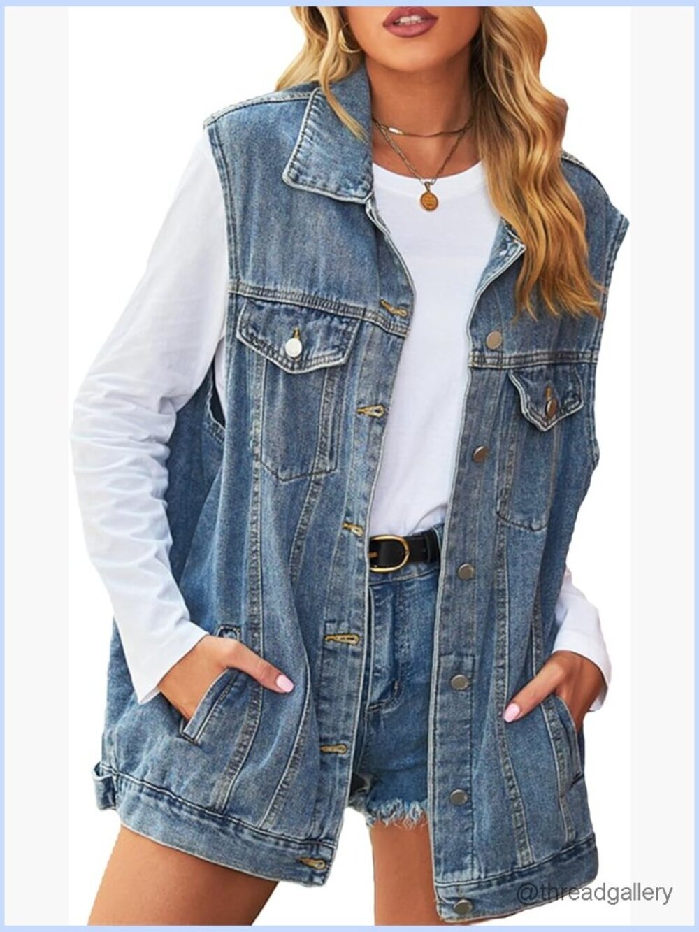 Oversized Distressed Denim Vest Sleeveless Jean Vest with Pockets